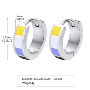 Detail of 13mm stainless steel hinge earrings featuring colorful enamel square inlay