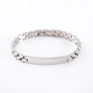 Polished silver stainless steel ID bracelet with flat curb chain and blank bar plaque