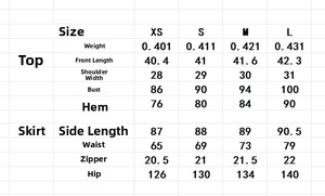 Size chart for elegant two-piece set including short top and pleated skirt dimensions