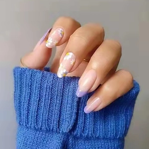 Faux Ongles à Presser Ovale Long Motif Pâquerette Violet Clair French Tip Faux Ongles Finis pour Décoration Manucure Femme