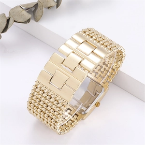 Elegant gold square quartz watch for women featuring unique mesh and link bracelet