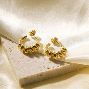 Chic 18k gold plated stainless steel spring twisted C-shaped earrings on stone