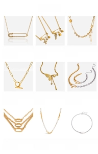 Detailed grid of 18K gold-plated stainless steel paperclip necklaces and charm bracelets