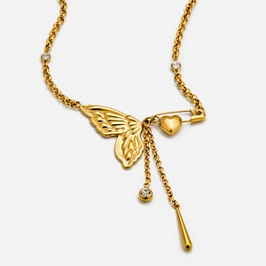 Butterfly Heart Safety Pin Pendant Necklace Stainless Steel 18K Gold Plated Rhinestone Tassel Layered Jewelry For Women