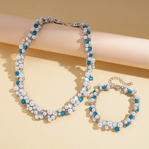 Chic oval resin pearl necklace and bracelet set with blue rhinestone accents