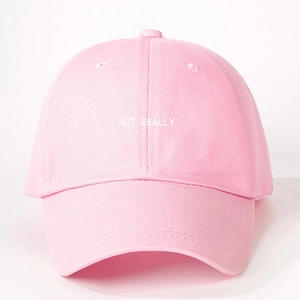 Pink cotton twill baseball cap featuring Not Really embroidery with adjustable strap back