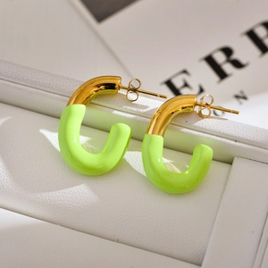 Detail of gold-plated U-shaped earrings with neon green enamel and butterfly backings