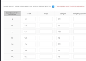 Detailed size chart for men's cotton linen shirt with bust and length measurements in cm