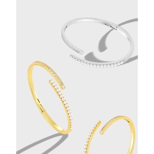 Elegant S925 sterling silver open bracelet with white pearl and square zircon inlay
