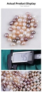 Macro detail of 4.5mm freshwater baroque pearls in white pink and purple colors
