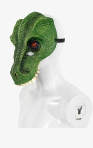 Side view of realistic green dinosaur mask with 3D scale texture and elastic strap