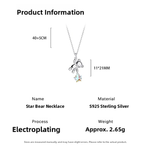 Detail specifications of s925 silver star bear necklace with dimensions and weight info