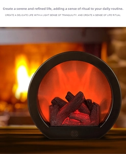 Close-up of LED fireplace lantern with realistic dancing flames and touch switch detail