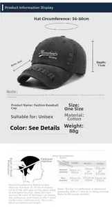 Detailed size chart for vintage distressed cotton baseball cap showing dimensions