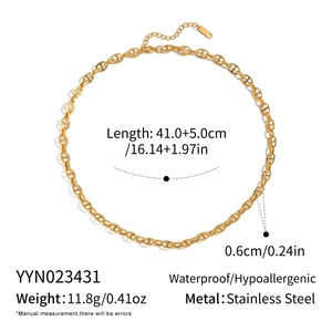 Detail of gold-plated stainless steel coffee bean link chain with size measurements