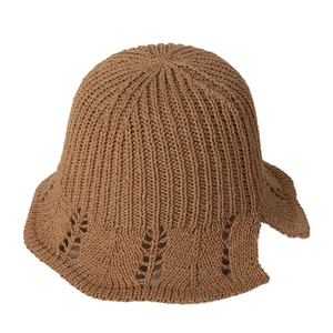 Caramel brown knitted bucket hat with vintage lace hollow rim and ribbed texture for women
