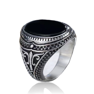 Vintage Punk Gothic Stainless Steel Ring For Men With Black Stone Nordic Wolf Celtic Knot Patterns Signet Style