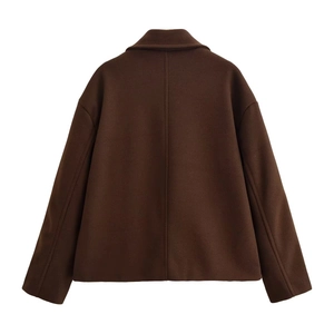 Back view of dark brown wool coat featuring a cropped cut and professional seam detail