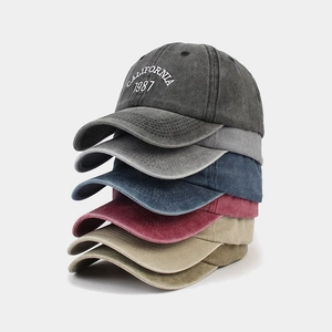 Vintage washed cotton baseball caps with California 1987 embroidery in multiple colors