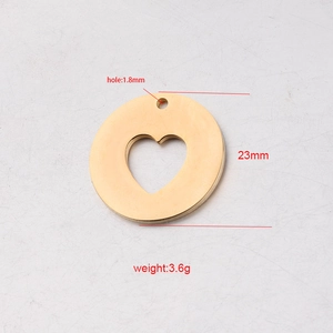Gold stainless steel hollow heart pendant with 23mm diameter and 1.8mm hole size