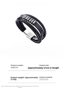 Detail view of multi-layer braided leather bracelet with magnetic stainless steel clasp