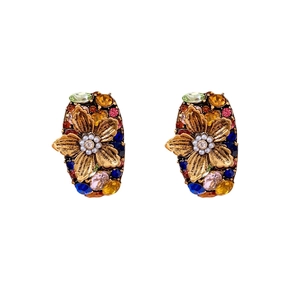 Vintage Baroque floral stud earrings with colorful rhinestones and white pearls