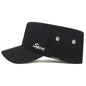 Adjustable black cotton canvas military flat top cap with metallic Sport side emblem