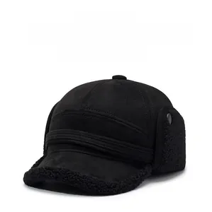 Detail view of winter baseball cap with ear flaps and warm fleece lining texture