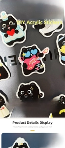 Detail of assorted cartoon black cat acrylic brooches with protective film and double-sided print