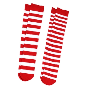 Close-up of red and white striped knit long socks for Christmas and festive costumes