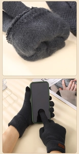 Detail of warm fleece lining and touch screen fingers on black knitted winter gloves
