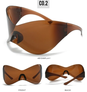 Detailed multi-angle views of oversized brown Y2K sunglasses with rimless wrap-around design