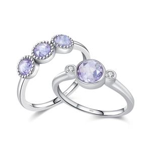 Elegant S925 sterling silver rings with purple zircons in a minimalist light luxury style