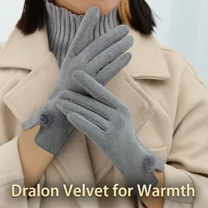 Winter thermal gloves for women in dark grey with soft plush pompom and fleece lining