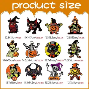 Size chart showing 12 Halloween magnetic stickers with specific dimensions in cm and inches