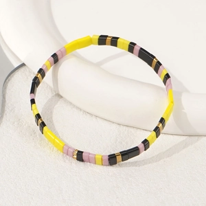 Handmade Bohemian colorful Tila bead stretch bracelet with enamel yellow and pink tiles