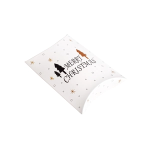 Caja de regalo tipo almohada blanca con árboles de Navidad dorados y Merry Christmas