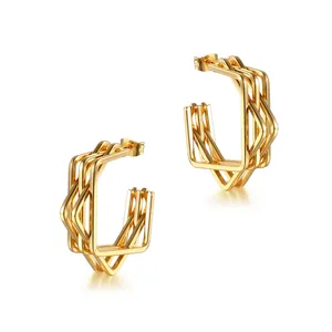 Stainless Steel Geometric Hoop Earrings Multi Layer Gold Plated Hollow C Shaped Minimalist Individual Style For Women