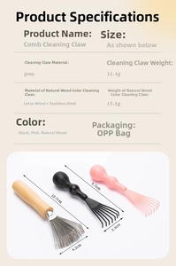 Detailed view of wooden and plastic hair brush cleaning tools with stainless steel claws