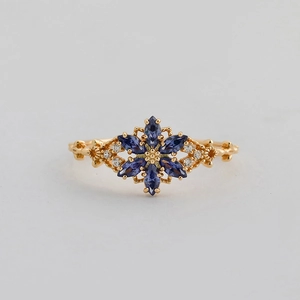 S925 Sterling Silver Flower Ring 14K Gold Plated Tanzanite Zircon Artificial Opal Marquise Cut French Retro For Women