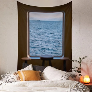 Arazzo da parete bohémien con vista realistica dell'oblò sull'oceano per la camera