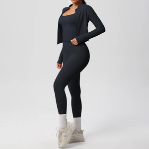 Three-piece black yoga set featuring a zip-up jacket, camisole, and high-waist leggings