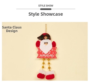 Detail of Santa Claus plush hanging decor with Feliz Navidad text and golden bead legs