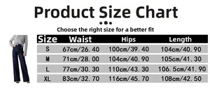 Size chart for high-waisted wide-leg jeans with detailed waist, hip, and length measurements