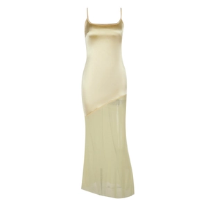 Elegant champagne satin and mesh patchwork long dress with slim fit strap design