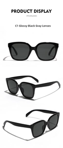 Multiple angles of square oversized black sunglasses with dark grey lenses and thick frames