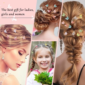 Close-up of colorful butterfly hair clips worn by women and girls in various hairstyles