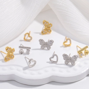 Orecchini a Bottone a Cuore e Farfalla in Argento Sterling 925 Moda Zirconia Intarsiata Oro Argento Gioielli Donna