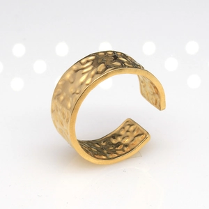 Adjustable golden stainless steel open ring with unique hammered texture for women and men