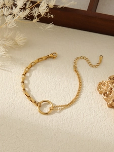 Detail of 18k gold plated stainless steel bracelet with mixed chain links and ring